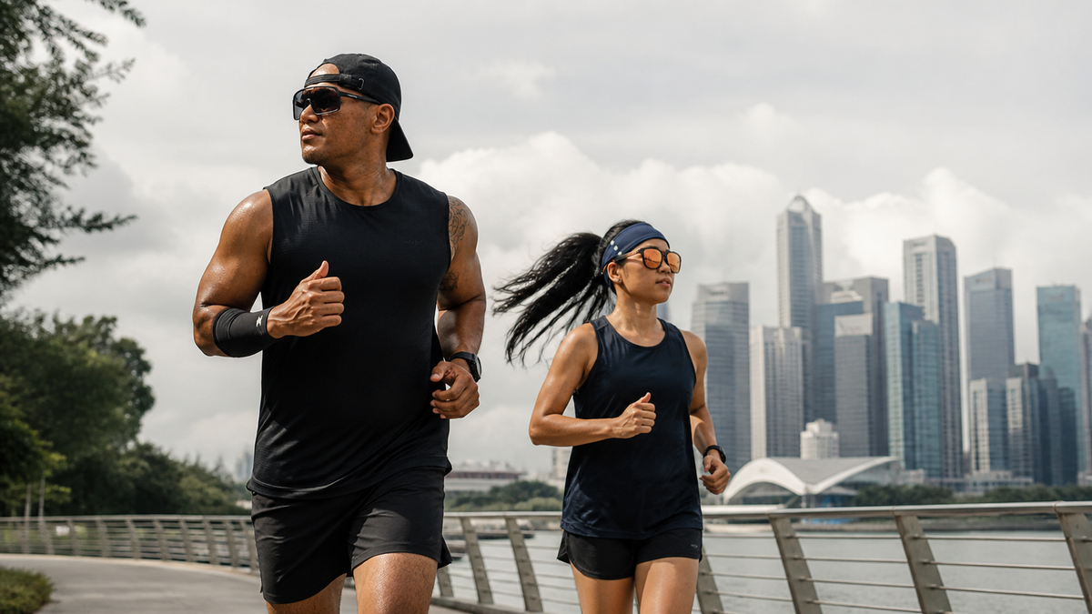 Athletes wearing ZODA-inspired performance activewear while running in Singapore heat.